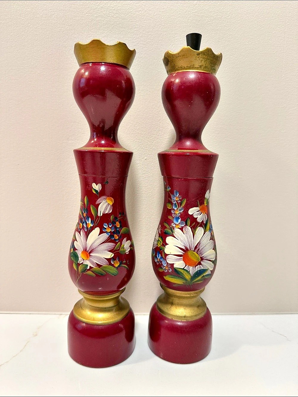 Vintage 9” Wooden Danish Design Red & Gold Floral Salt & Pepper Mill Shaker Pair